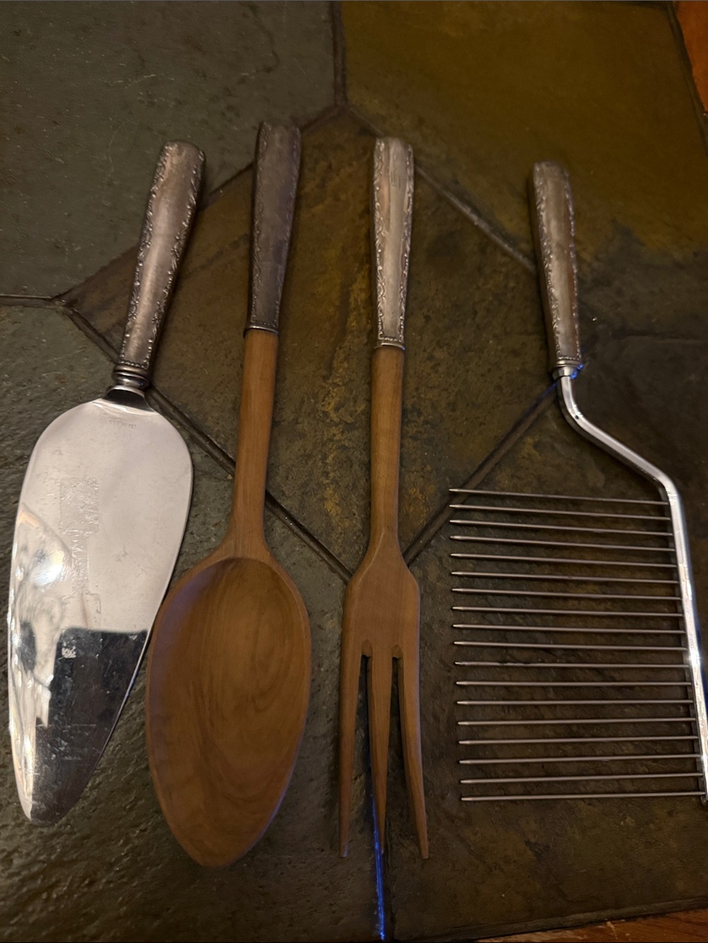 Sterling Wooden Serving Salad Spoon & Fork Set with Cake Server and Wire Cutter